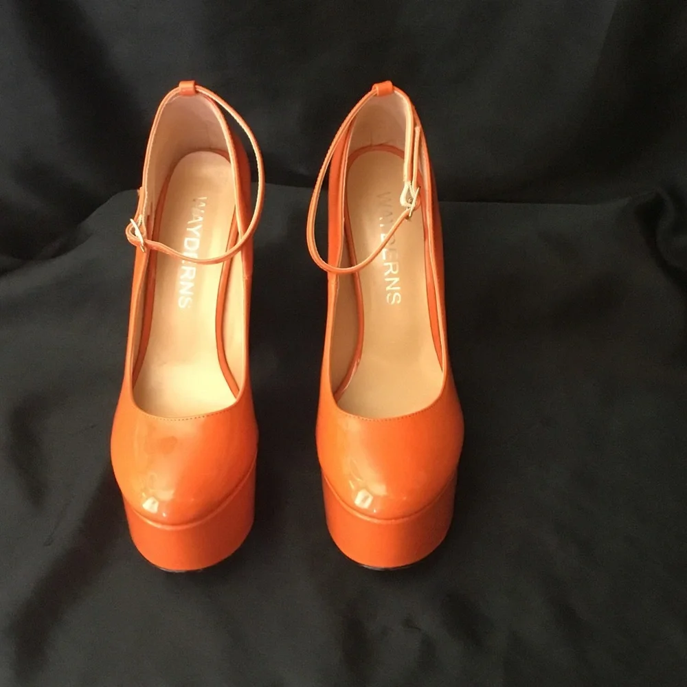 High Gloss Orange Platform Ankle-Strap Pumps for Women
